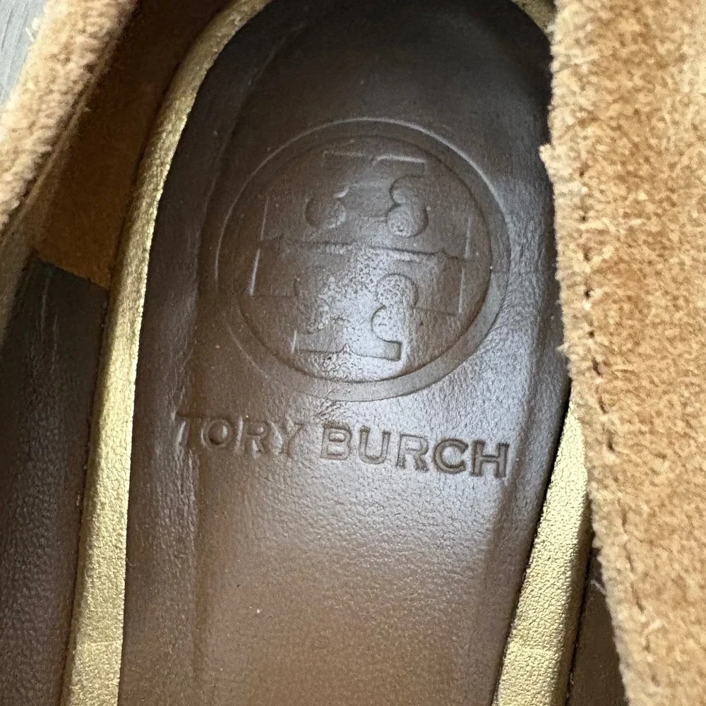 Tory Burch Suede Ballet Flats Brown Gold Logo Buckle Women's 9.5M Leather